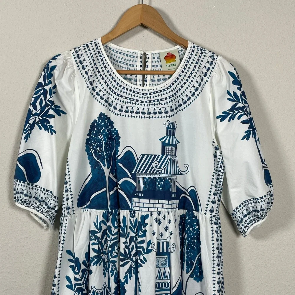 Farm Rio Resort Boho Chinoiserie Midi Dress Women Size M Puff Sleeve Tiered - Picture 3 of 10